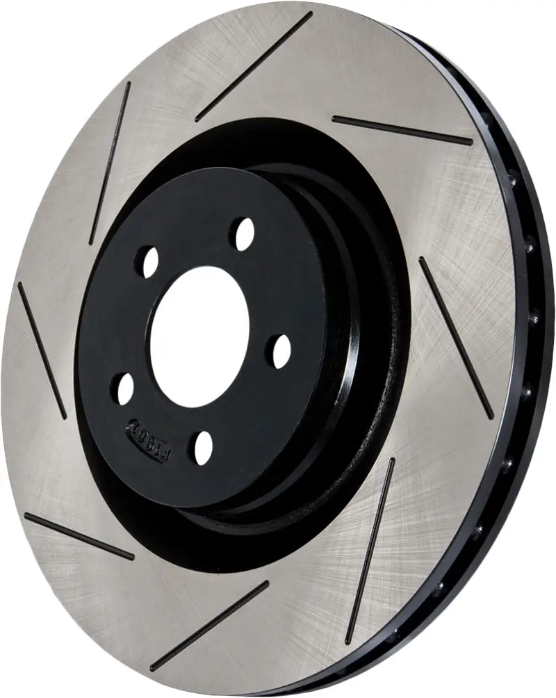 2019 Brembo GT-R slotted brake rotor with black center, StopTech slotted right