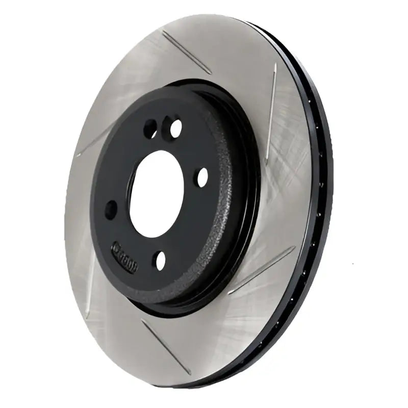 Black and silver Stop Tech slotted brake rotor for left side cooling