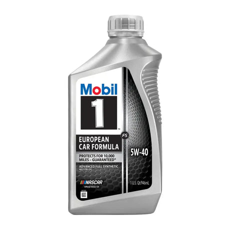 Mobil 1 FS 5W-40 European Car Formula motor oil bottle. Enhanced engine protection and performance with advanced full synthetic oil, ideal for high temperatures and extended engine life.