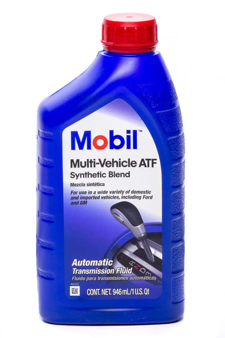 Mobil Multi-Vehicle ATF Synthetic Blend bottle, designed for a wide range of vehicles, offering maximum transmission protection and smooth performance.