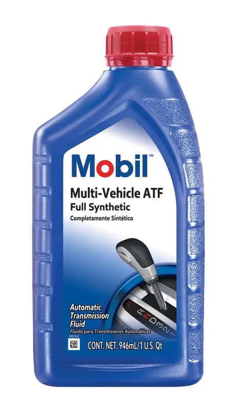 126505 Mobil Multi-Vehicle ATF Full Synthetic automatic transmission fluid bottle with red cap, blue container, and label displaying product information.