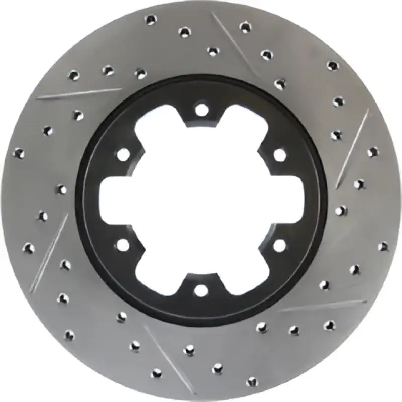 Silver 67043R StopTech drill slot brake rotor with holes and black center
