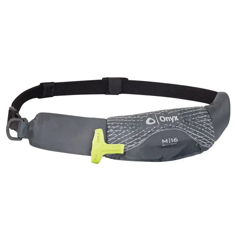 Onyx Outdoor M-16 Manual Inflatable Belt Pack, gray, model 130900-701-004-19 with yellow manual pull tab.