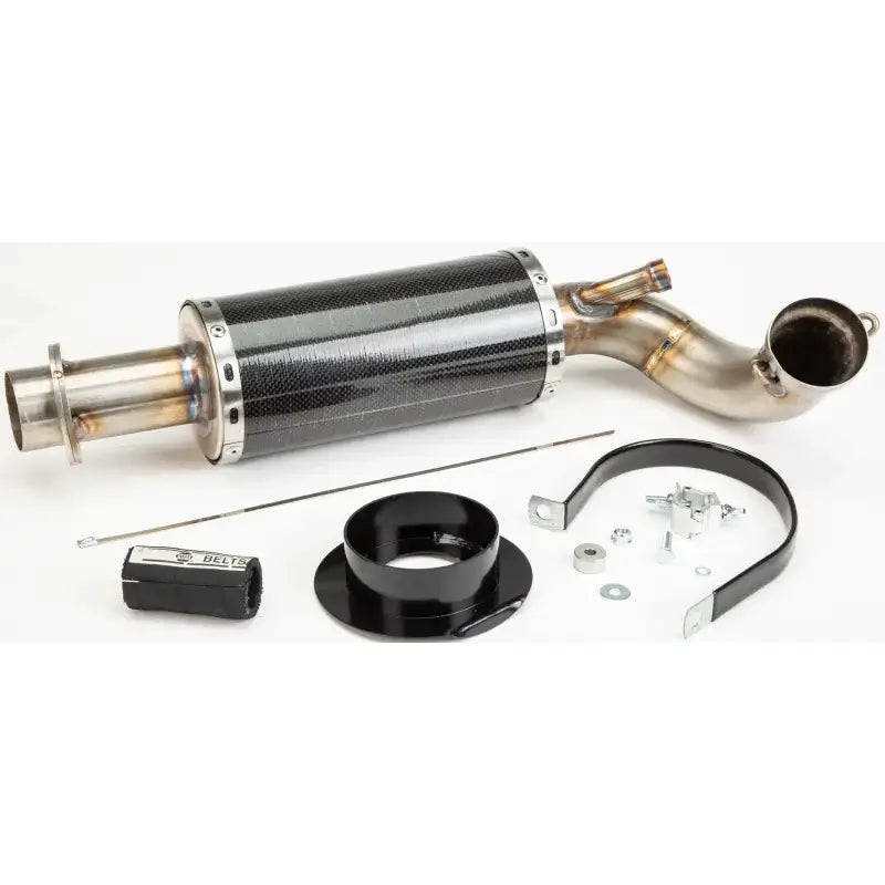 Aftermarket motorcycle exhaust with straightline carbon stnls muff and stainless steel piping