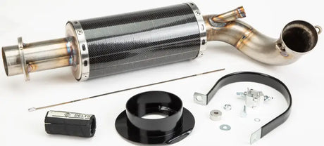 Aftermarket motorcycle exhaust with straightline carbon stnls muff and stainless steel piping
