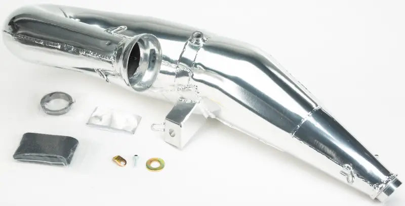 Polished silver single pipe ceramic exhaust with mounting hardware for 132-145 Pol