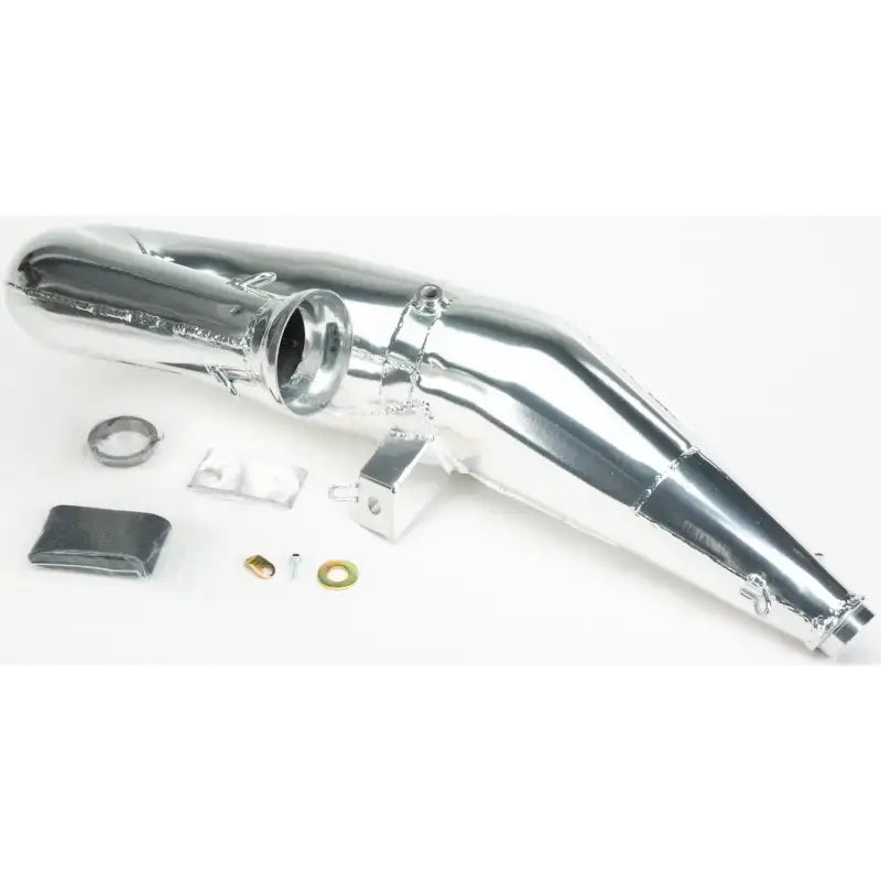 Polished silver single pipe ceramic exhaust with mounting hardware for 132-145 Pol