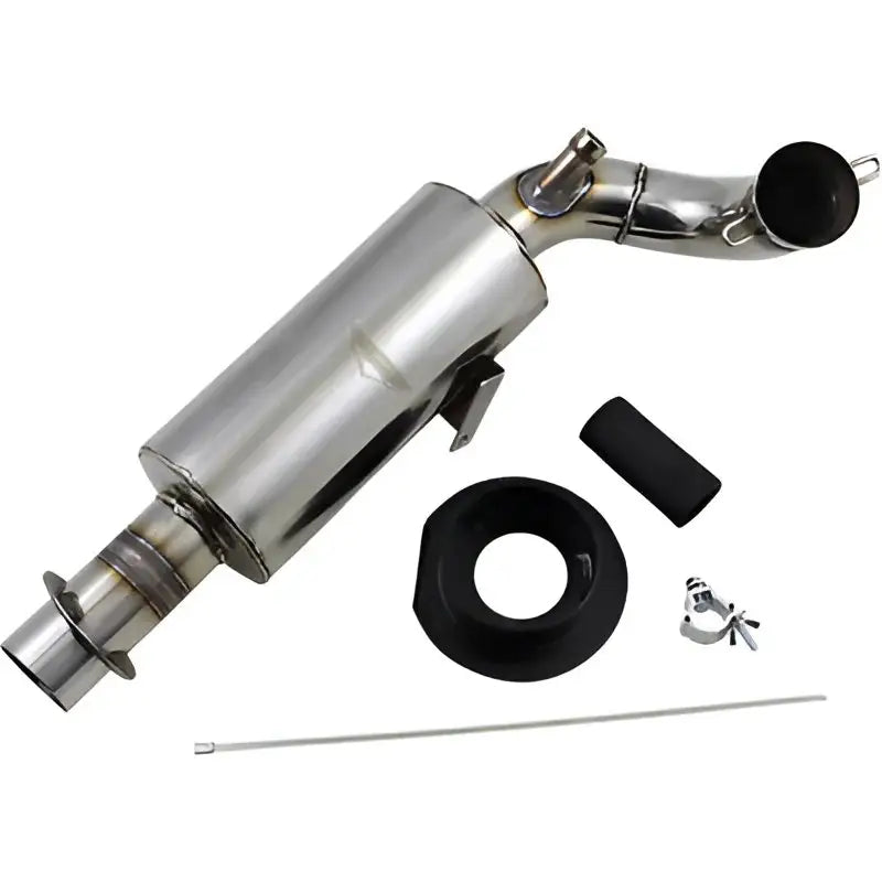 Stainless steel motorcycle exhaust muffler with mounting hardware for straightline lightweight muffler weight loss