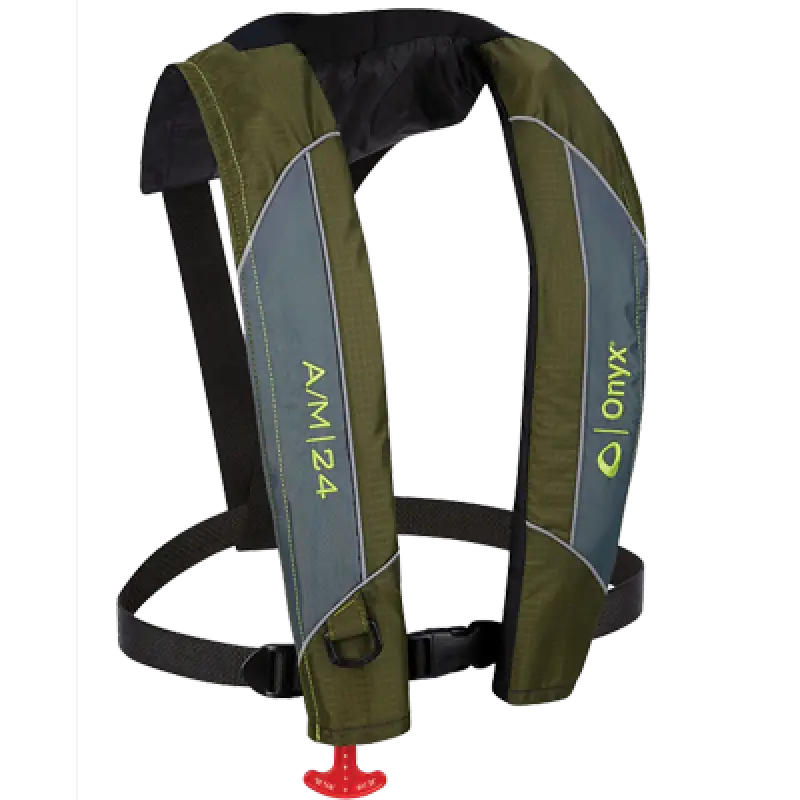 Green Onyx Outdoor A/M-24 Auto/Manual Life Jacket, ideal for RV, automotive, and powersports adventures. Perfect for off-road, marine, and truck accessories. Featured in AVADA - Best Sellers, Marine Maintenance.