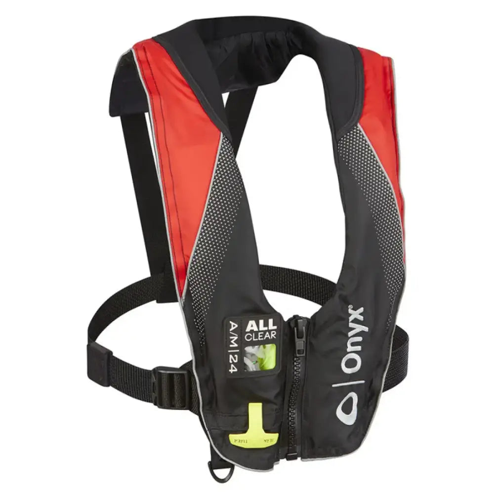 Red and black Onyx Outdoor A/M-24 inflatable life vest for safety on water adventures