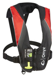 Red and black Onyx Outdoor A/M-24 inflatable life vest for safety on water adventures