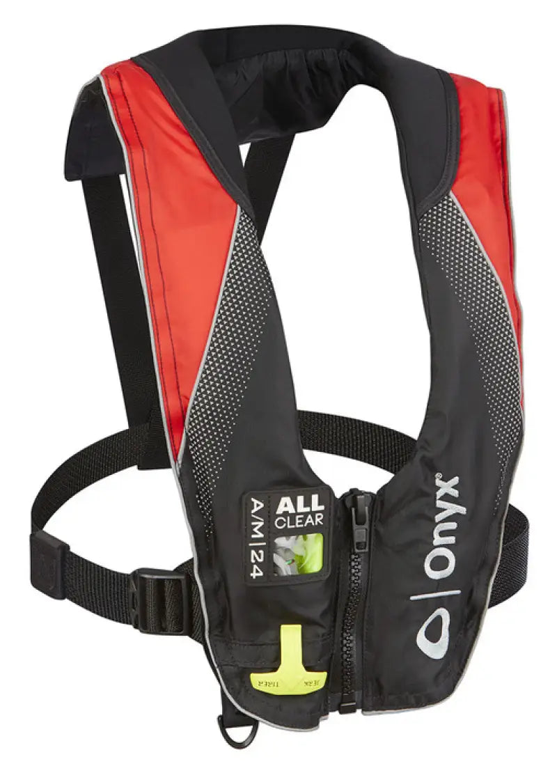 Red and black Onyx Outdoor A/M-24 inflatable life vest for safety on water adventures