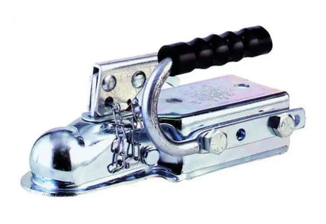 Shiny metal trailer hitch with Dutton Coupler Grip for secure towing