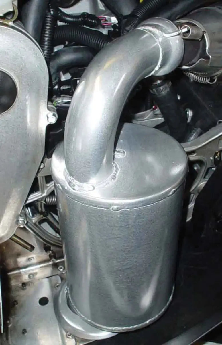 Silver cylindrical lightweight silencer muffler with curved exhaust pipe for straightline performance