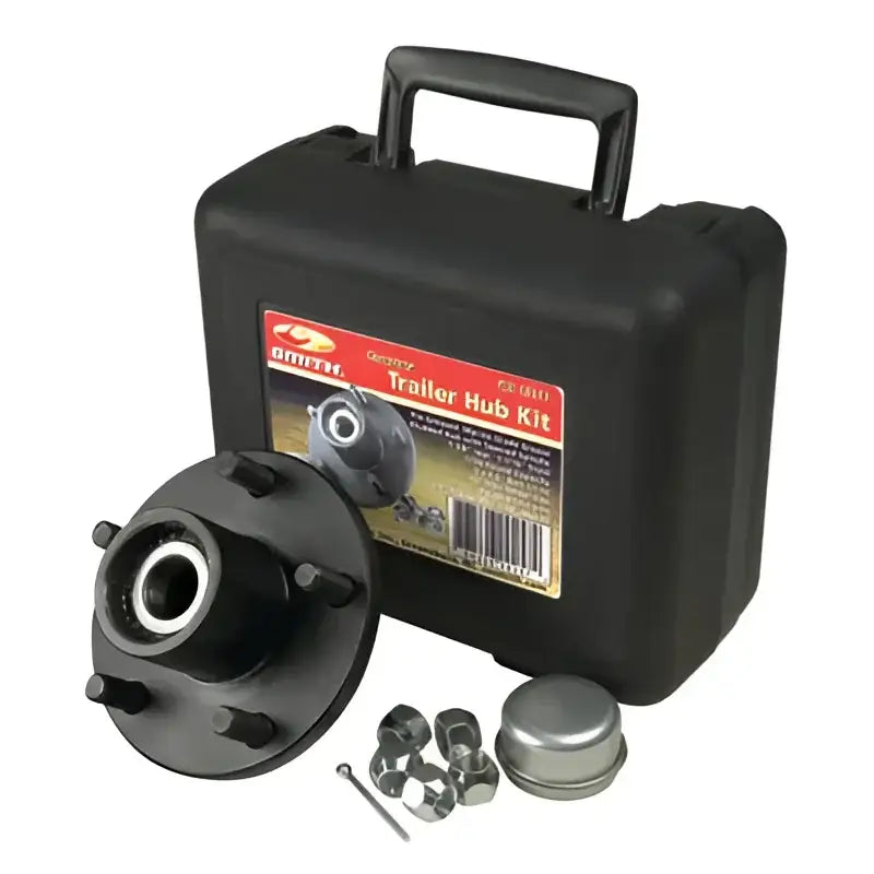 C.E. Smith Trailer Hub Kit 13511 with components including black hub, lug nuts, cap, cotter pin, and durable carrying case.