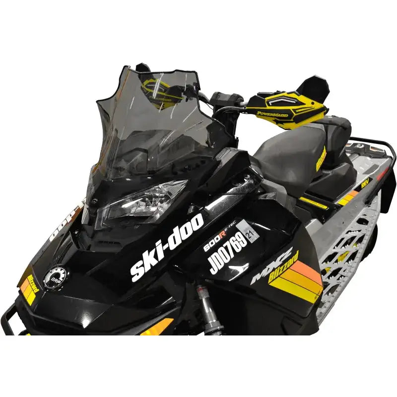 Black and yellow Ski-Doo snowmobile with dark windscreen for low smoke rv parts & accessories
