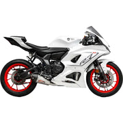 White Yamaha R7 motorcycle with red rims next to 13720AP520 Exhaust Street At2 SS SS Cf Yam