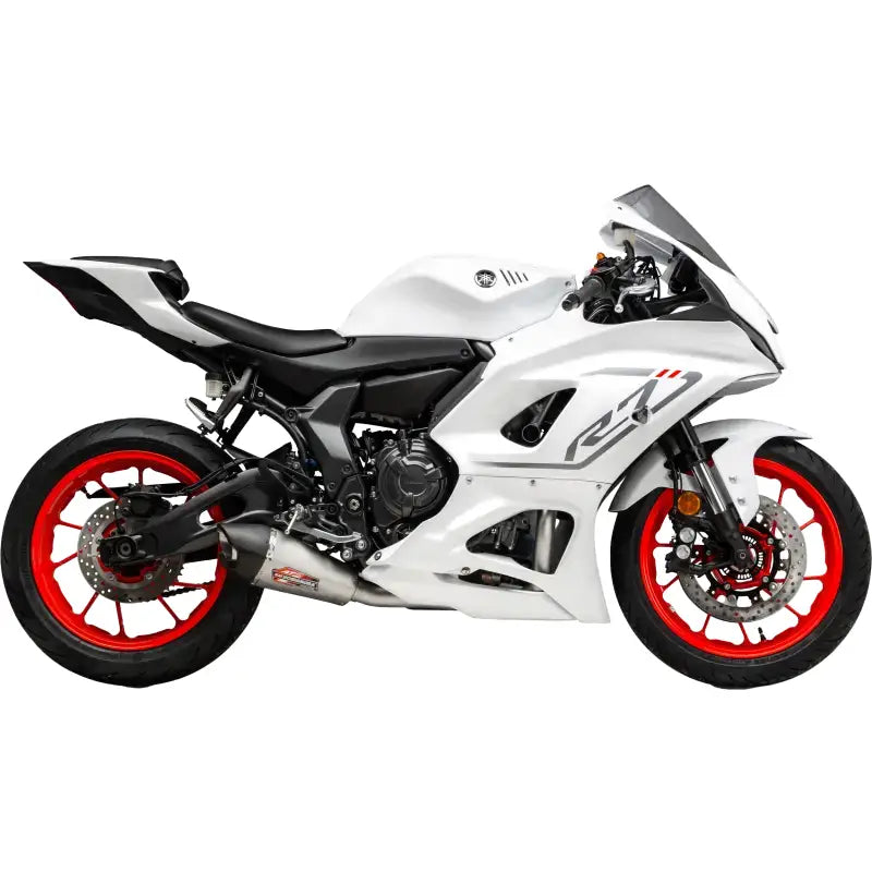 White Yamaha R7 motorcycle with red rims next to 13720AP520 Exhaust Street At2 SS SS Cf Yam