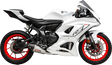 White Yamaha R7 motorcycle with red rims next to 13720AP520 Exhaust Street At2 SS SS Cf Yam