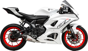 White Yamaha R7 motorcycle with red rims next to 13720AP520 Exhaust Street At2 SS SS Cf Yam