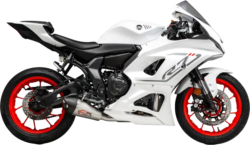 White Yamaha R7 motorcycle with red rims next to 13720AP520 Exhaust Street At2 SS SS Cf Yam