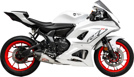White Yamaha R7 motorcycle with red rims next to 13720AP520 Exhaust Street At2 SS SS Cf Yam