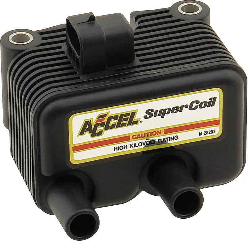 Black automotive super coil with two output terminals for RV and truck parts
