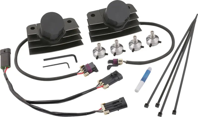 Motorcycle cooling fan kit with wiring harnesses and mounting hardware for Stealth Supercoil