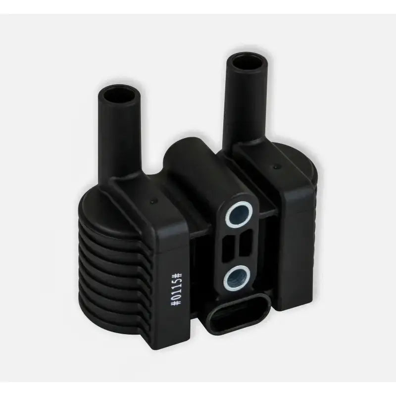Black automotive super coil with two towers and ribbed base for Sportster Fuel Injection