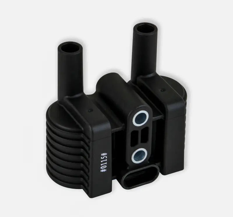 Black automotive super coil with two towers and ribbed base for Sportster Fuel Injection
