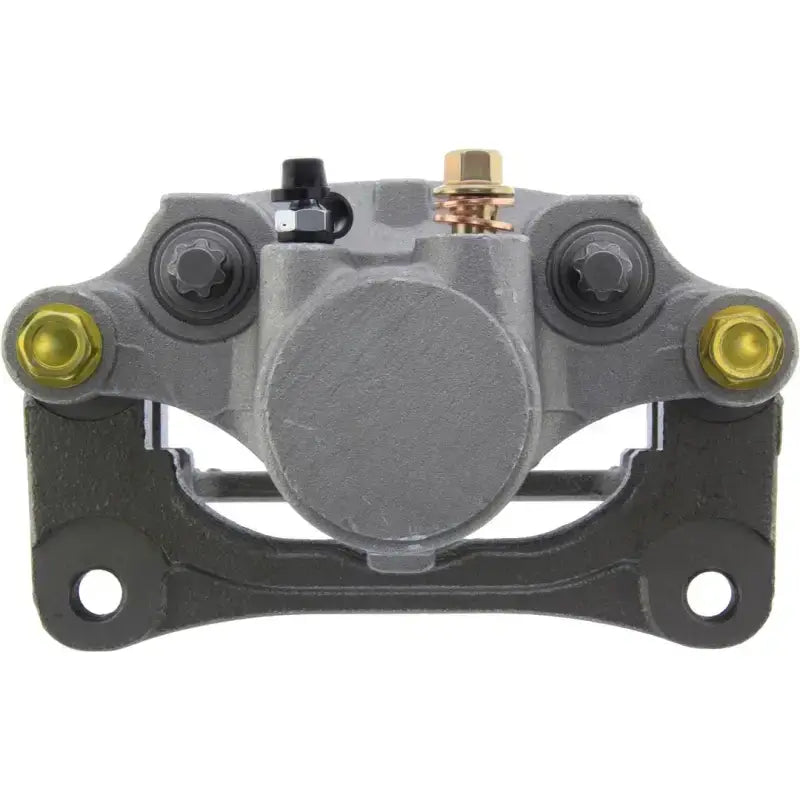 Gray Stop Tech semi-loaded brake caliper with yellow bolts for performance stopping
