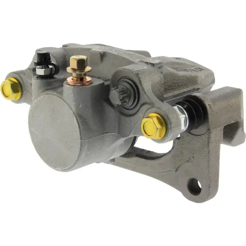 Gray Stop Tech semi-loaded brake caliper with gold bolts for performance stopping