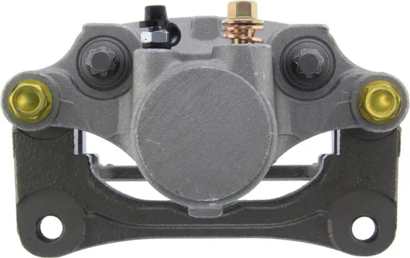 Gray Stop Tech semi-loaded brake caliper with yellow bolts for performance stopping