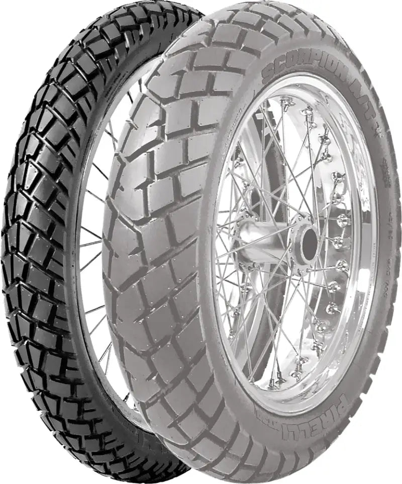 Two motorcycle tires with different treads, one dark and one lighter, for Mt90at tire upgrade
