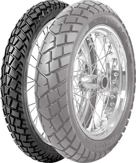 Two motorcycle tires with different treads, one dark and one lighter, for Mt90at tire upgrade