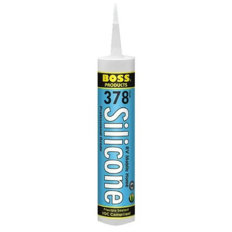 Clear sealant tube labeled "BOSS Products 378 Silicone RV Mobile Home Professional Grade Flexible Sealant," ideal for RV and mobile home sealing, ensuring durability and weather resistance for exterior and interior use, RV Hardware, RV Roofing Sealants Cleaners Weather stripping, AVADA - Best Sellers