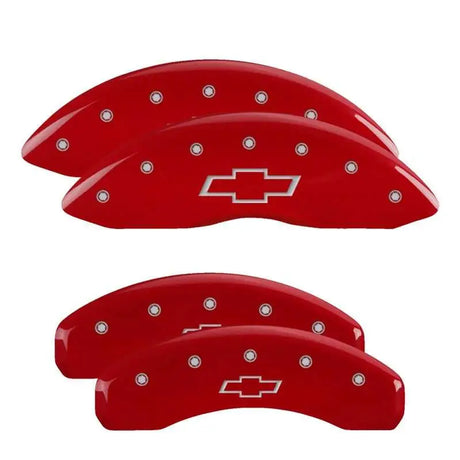 MGP 14252SBOWRD MGP 4 Caliper Covers Engraved F & R Bowtie Red Finish Silver Char 2019 Chevrolet Silverado 1500