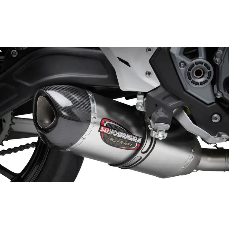 Motorcycle exhaust system with carbon fiber end cap and brushed metal finish for 14651AM520 exhaust race alpha