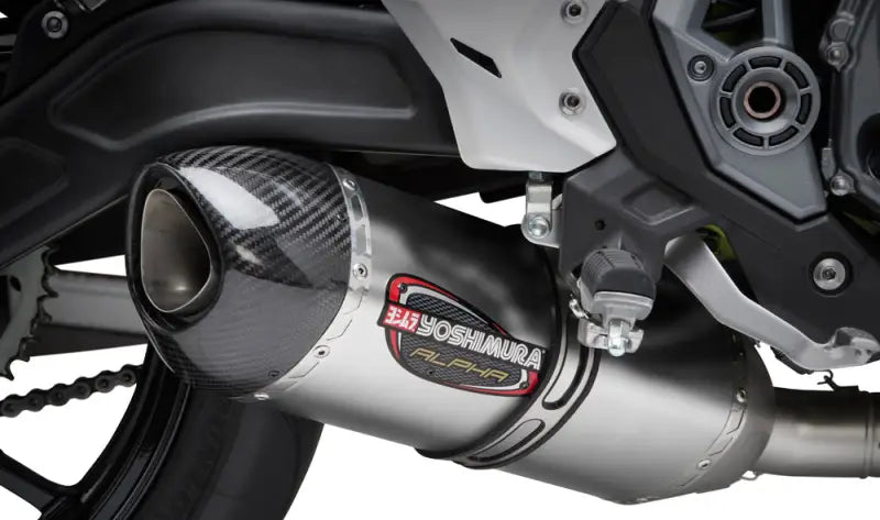 Motorcycle exhaust system with carbon fiber end cap and brushed metal finish for 14651AM520 exhaust race alpha