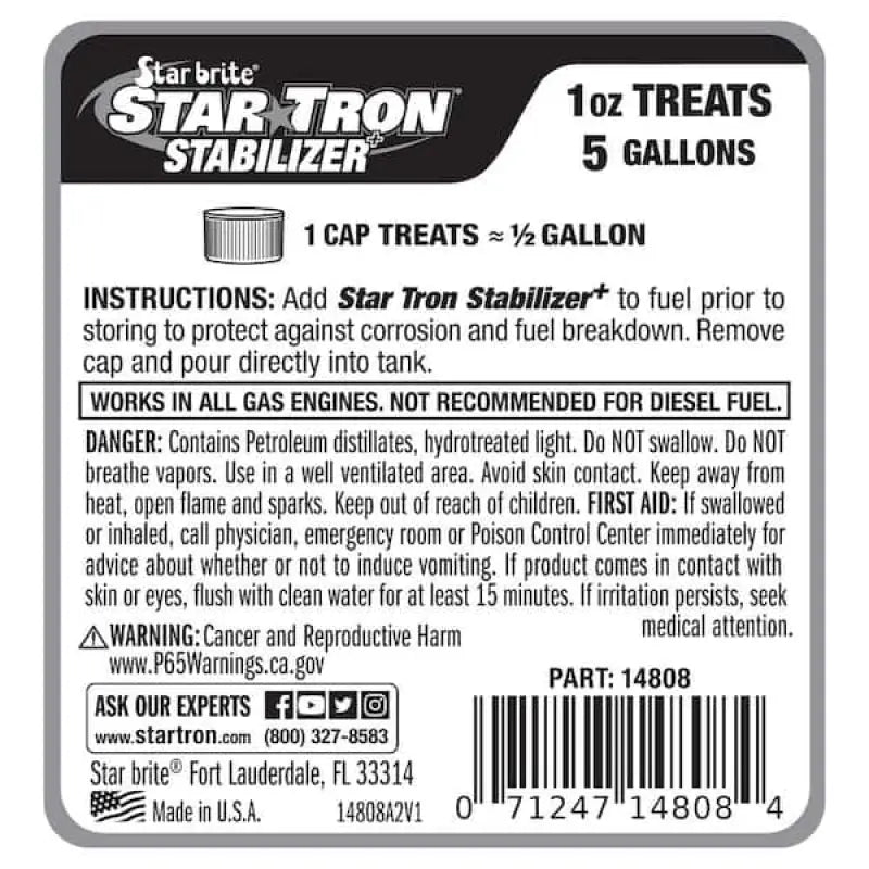 Star Brite Star*Tron Stabilizer+ label on 8 oz fuel stabilizer bottle