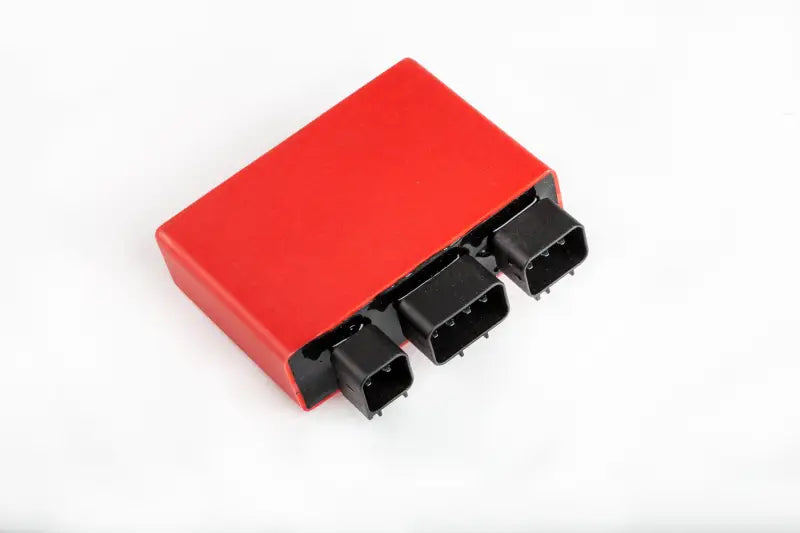 Red CDI box with three black connectors for powersports RV parts & accessories