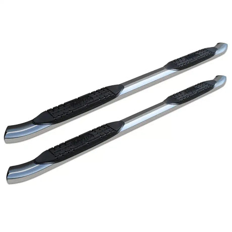 Silver and black curved SS oval step bars with textured step pads for Raptor 4