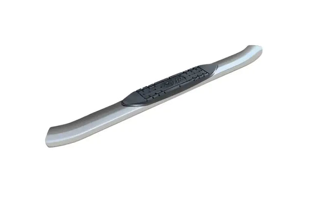 Silver vehicle running board with black textured step pad for Raptor 4 Curved SS Oval Step Bars