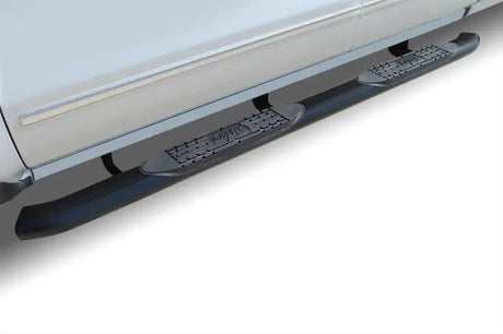 Black oval step bars with textured step pads for Raptor 4 trucks