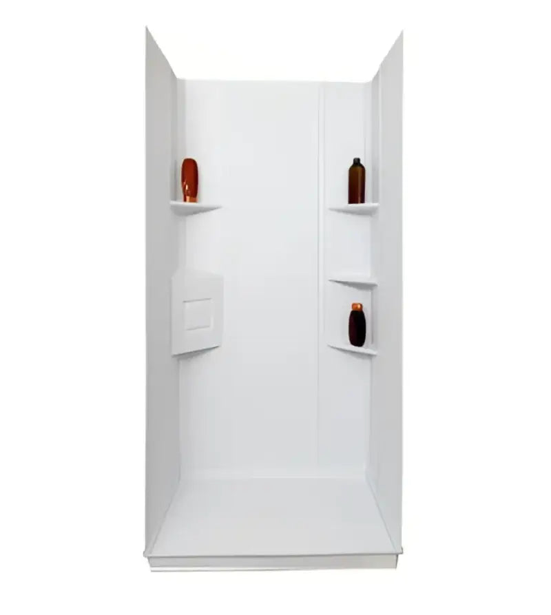 15228 Icon Shower Surround Kit for RV Camper Trailer Rectangular Shower, featuring white trimmable panels, built-in corner shelves, and modern design from Icon.