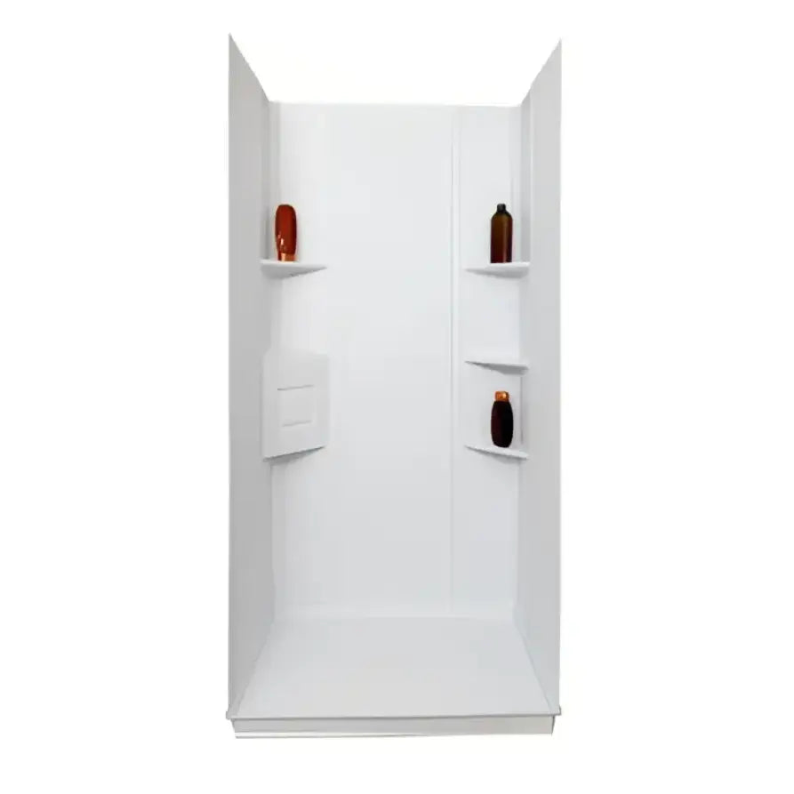 15228 Icon Shower Surround Kit for RV Camper Trailer Rectangular Shower, featuring white trimmable panels, built-in corner shelves, and modern design from Icon.