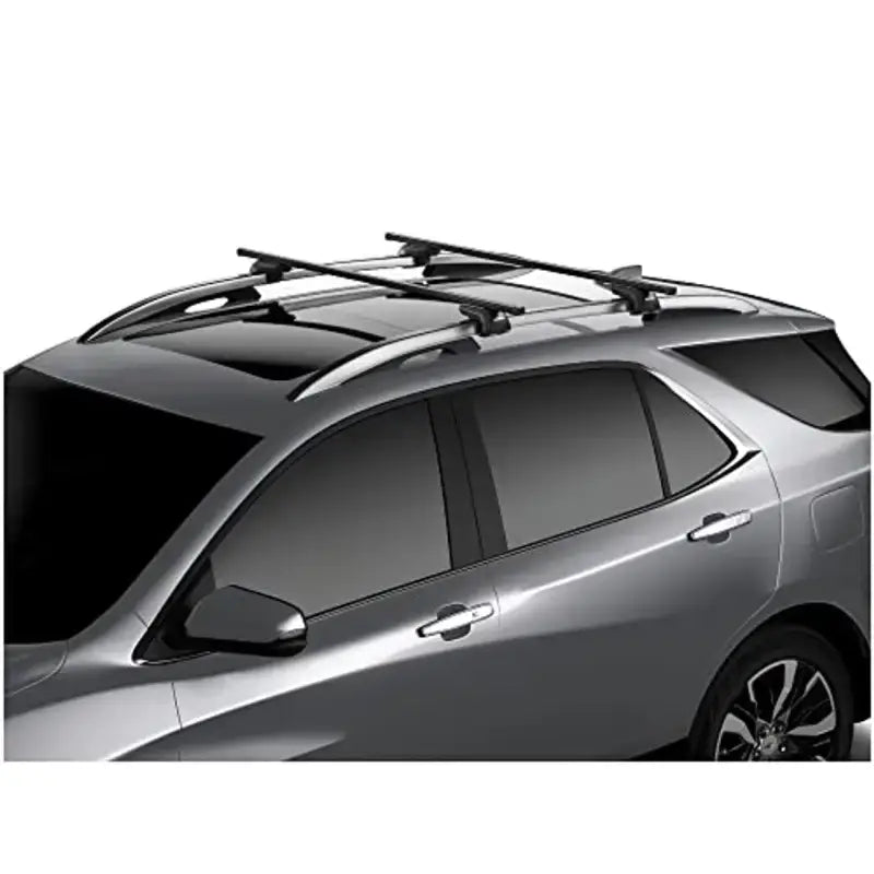 Silver SUV with roof rack.