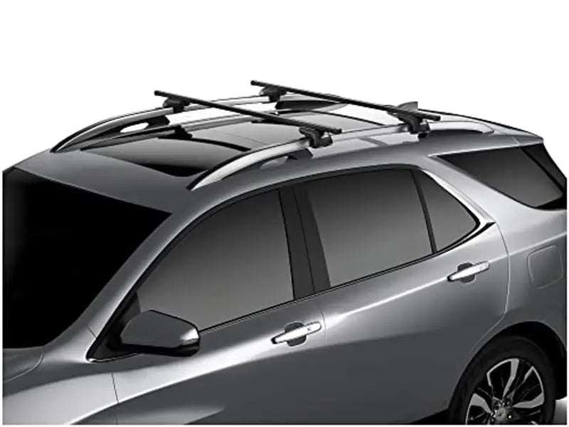 Silver SUV with roof rack.