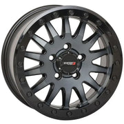 Black alloy wheel on System 3 Sb8 Wheel 15X10 Matte Brushed Grey design