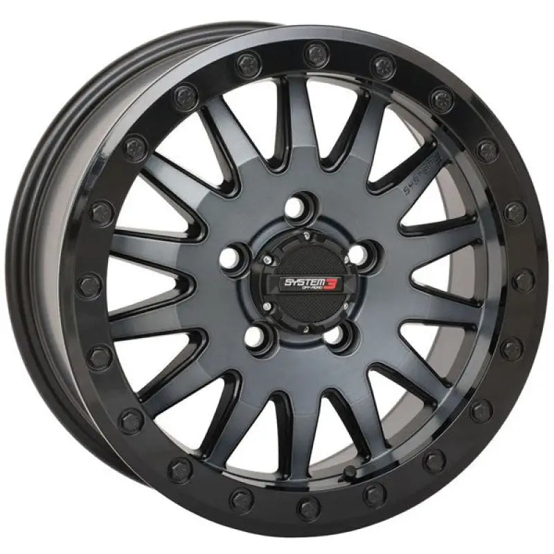 Black alloy wheel on System 3 Sb8 Wheel 15X10 Matte Brushed Grey design